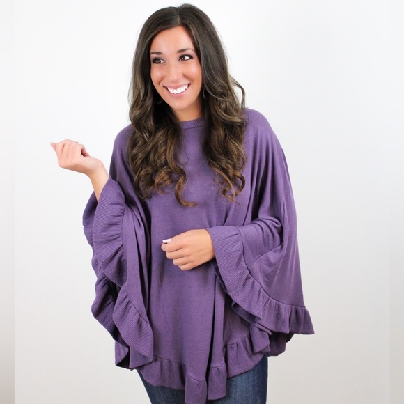 Ruffled Hem Poncho Sweater - Lilac - Picture 2 of 3